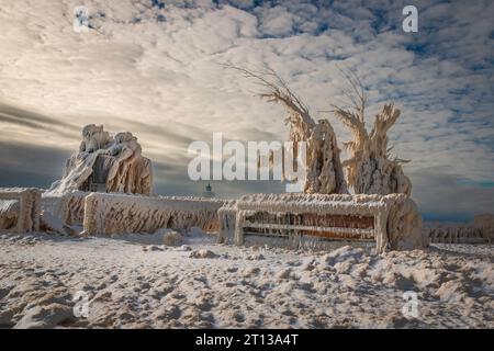 Seltsame Eisformationen am Pier in Lake Erie, Kanada, Tag nach Wintersturm, stürmischer Himmel Stockfoto