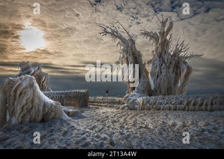 Seltsame Eisformationen am Pier in Lake Erie, Kanada, Tag nach Wintersturm, stürmischer Himmel Stockfoto