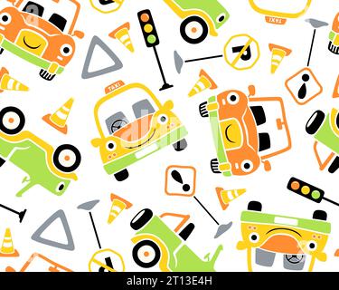 Nahtlose Mustervektor-Illustration von Fahrzeugen Cartoon mit Verkehrszeichen Stock Vektor