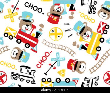 Nahtloser Mustervektor der Dampfeisenelemente Cartoon mit lustigem Bär der Maschinenführer Stock Vektor