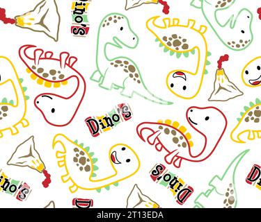 Nahtloser Mustervektor mit Dinosaurier-Cartoon in bunten Umrissen. Stock Vektor