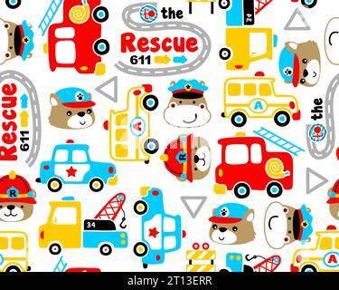 Nahtloser Mustervektor von Verkehrselementen Cartoon mit lustigen Tieren Lächeln Gesicht Stock Vektor