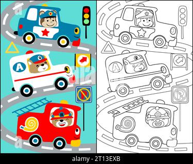 Vektor-Illustration des Rettungs-Fahrzeug-Cartoons mit lustigen Tieren Fahrer, Feuerwehr, Krankenwagen, Polizeiauto, Malbuch oder Seite. Stock Vektor