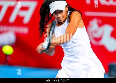 Hongkong, China. Oktober 2023. Priscilla Hon aus Australien spielt während der 1. Runde im Singles Main Unentschieden gegen Eudice Chong aus Hong Kong China am 4. Tag des Prudential Hong Kong Tennis Open 2023 im Hong Kong Victoria Park Tennis Stadium. Endpunktzahl: Priscilla Hon 2:1 Eudice Chong. (Foto: Ben Lau/SOPA Images/SIPA USA) Credit: SIPA USA/Alamy Live News Stockfoto