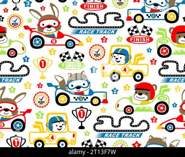 Vektor des nahtlosen Musters von Auto Racing Elemente Cartoon mit lustigen Tieren Racer Stock Vektor