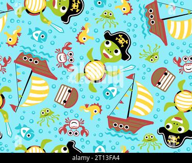 Vektor des nahtlosen Musters mit lustiger Schildkröte in Piratenkostüm, Meerestieren, Segelbooten und Piratenelementen Stock Vektor