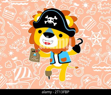 Vector cartoon of lion in pirate costume holding treasure map on seamless pattern sailing elements background Stock Vektor