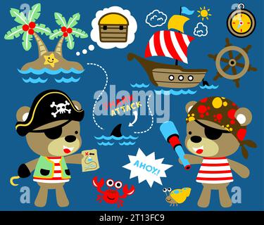 Vektor-Illustration des Segeln Thema Set Cartoon mit lustigen Piraten. Teddybär im Piratenkostüm mit Segelelementen Stock Vektor