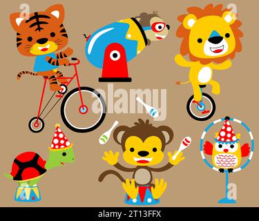Vektor-Illustration Set von Tieren Cartoon in Zirkusshow. Tiger und Löwe fahren Fahrrad, Affen spielen jonglieren, Schildkröte mit Kegelhut auf der Bühne, Eulenwitsch Stock Vektor