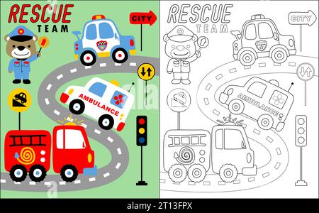 Malbuch Vektor des Rettungsteam Fahrzeug Cartoon mit lustigen Bären im Verkehrspolizisten Kostüm Stock Vektor