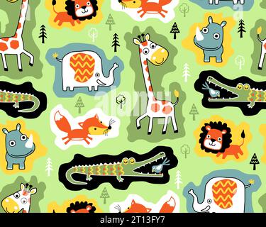 Nahtloser Mustervektor von Hand gezeichneter Wildtier-Cartoon mit Bäumen Stock Vektor
