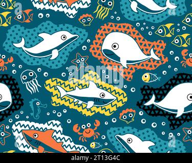 Nahtloser Mustervektor mit Meerestieren Cartoon mit bunten Ornamenten Stock Vektor