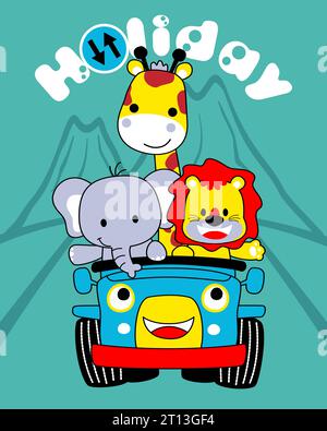 Niedliche Tiere Cartoon auf lächelndem Auto. Löwe, Elefant und Giraffe Stock Vektor