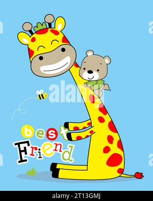 Tier-Cartoon-Vektor, kleiner Bär klettert auf Giraffen Hals, Bienen fliegen Stock Vektor