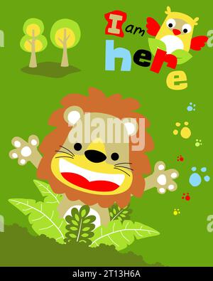 Lion-Cartoon mit süßer Eule, die im Wald Verstecken spielt Stock Vektor