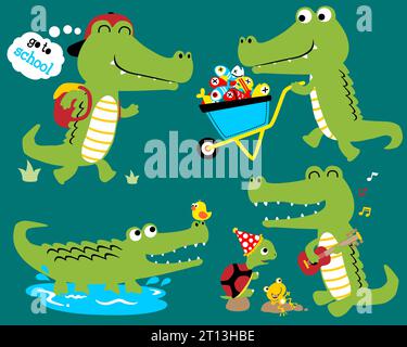 Vektor-Set von lustigen Krokodilen Cartoon in verschiedenen Action mit Freunden Stock Vektor