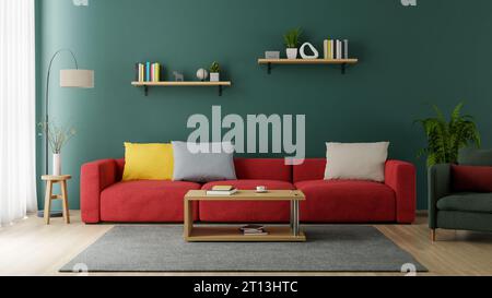 Wohnzimmereinrichtung mit rotem Sofa mit Holzboden an grüner Wand, 3D-Rendering Stockfoto