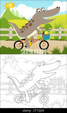 Vektor-Illustration des Malbuches, Radfahren mit Krokodil und Schildkröte Cartoon Stock Vektor