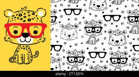 Seamless pattern vector of cute cat cartoon with eyeglasses, animals trail Stock Vektor