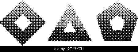 Bitmap-Set für geometrische Rahmen. Dither Gradient Shapes Kollektion. Rauten-, Dreieck-, pentagon Elements-Designelemente für Poster, Banner, Collage, Broschüre. Abstraktes, pixelförmiges Formpaket. Vektor Stock Vektor