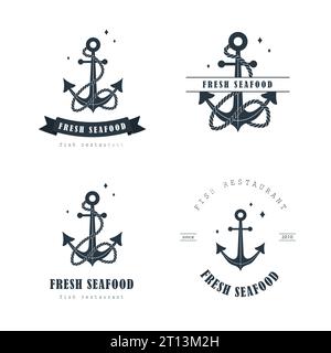 Logos mit frischen Meeresfrüchten. Vintage-Aufkleber mit Ankersymbolen. Shop für Meeresprodukte. Vektorvorlagen für Fischrestaurant auf weißem Hintergrund Stock Vektor