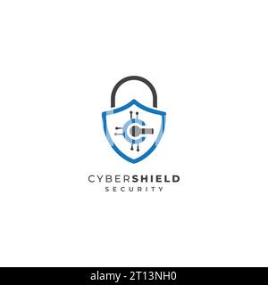 Cyber Security Logo Design Vektorvorlage, Online Datenschutz Logo Design mit Schild und Schloss Symbol Stock Vektor