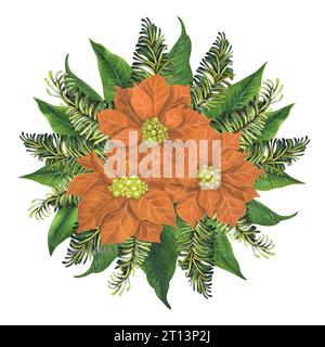 Aprikosenaquarell Weihnachtsbaumblüten mit Tannenzweigen und grünen Blättern die Elemente sind auf weißem Hintergrund isoliert. Stockfoto