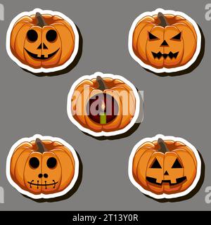 Illustration auf Themenaufkleber zum Feiern lustiger Feiertag Halloween mit orangen Kürbissen Stock Vektor