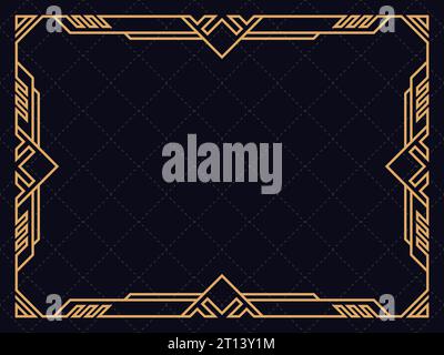 Goldener Rahmen im Line-Art-Stil. Linearer Rand im Vintage-Stil. Art Deco-Rahmen mit goldenen Linien auf schwarzem Hintergrund. Vorlage für Einladung entwerfen, Stock Vektor