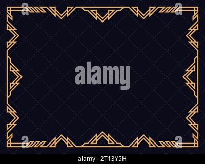 Goldener Rahmen im Line-Art-Stil. Linearer Rand im Vintage-Stil. Art Deco-Rahmen mit goldenen Linien auf schwarzem Hintergrund. Vorlage für Einladung entwerfen, Stock Vektor