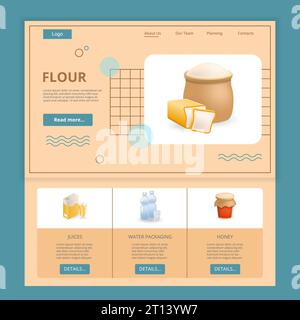 Website-Vorlage für flache Landing-Page Mehl. Säfte, Wasserverpackungen, Honig. Webbanner mit Kopf-, Inhalt- und Fußzeile. Vektorabbildung. Stock Vektor
