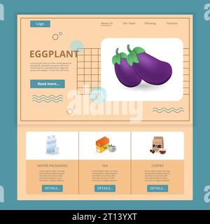 Website-Vorlage für flache Landingpage für Auberginen. Wasserverpackung, Tee, Kaffee. Webbanner mit Kopf-, Inhalt- und Fußzeile. Vektorabbildung. Stock Vektor