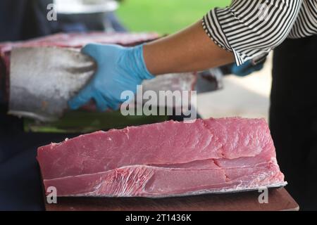 Nahaufnahme von frischem Thunfischbauch. Weibliche Hände mit blauen Handschuhen schneiden große rohe Fische mit einem scharfen Messer im Hintergrund. Vorbereitung für Sashimi. Stockfoto