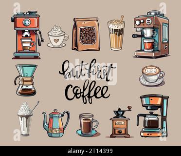 Coffee Elements Retro-Set mit Slogan isoliert. Stock Vektor