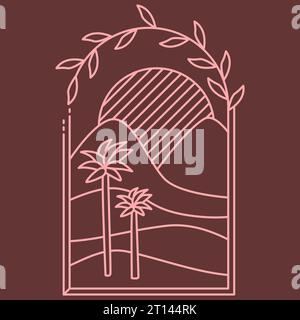 Wüstenoase marsala Boho Logo. Sand, Sonnenuntergang, ästhetische Ikone der Palmenlandschaft. Stock Vektor