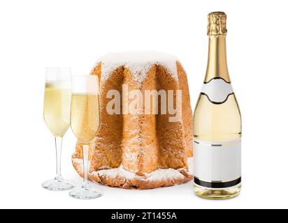 Sektflasche mit Gläsern und pandoro. Weihnachtsdessert auf weißem Hintergrund. Stockfoto