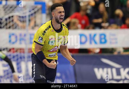 firo: 23/2023 Handball, 1. Liga Männer, 1. Liga 1. Bundesliga, Saison 2022/2023, BERGISCHER HC - Rhein Neckar Lowen Jubilation, Philipp Ahouansou Rhein Neckar Stockfoto