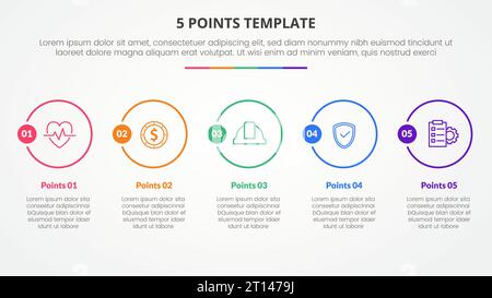 5-Punkte-Bühnenvorlage Infografik-Konzept für Folienpräsentation mit großem Umrisskreis horizontal mit 5-Punkt-Liste mit flachem Vektor Stockfoto