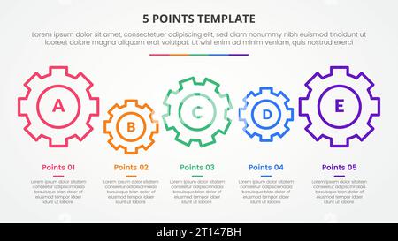 5-Punkte-Bühnenvorlage Infografik-Konzept für Folienpräsentation mit horizontal verlinktem Zahnrad mit 5-Punkt-Liste mit flachem Vektor Stockfoto