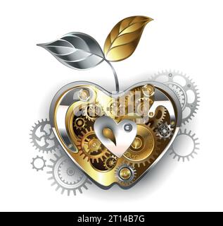 Mechanica-Apfel, künstlerisch im Steampunk-Stil bemalt, mit goldenen, antiken Zahnrädern verziert, auf weißem Hintergrund. Steampunk-STYLE. Stock Vektor