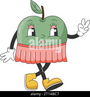 Die lustige Retro Groovy-Zeichentrickfigur aus den 90er Jahren. Comic Apple Charakter auf transparentem Hintergrund. Groovige Sommer-Vektor-Illustration. Süß Saftig Frisch Stock Vektor