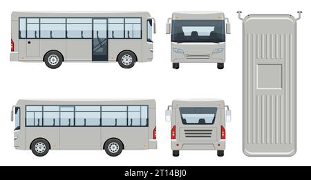 Kleine Bus-Vektorvorlage mit einfachen Farben ohne Verläufe und Effekte. Ansicht von der Seite, der Vorderseite, der Rückseite und von oben Stock Vektor