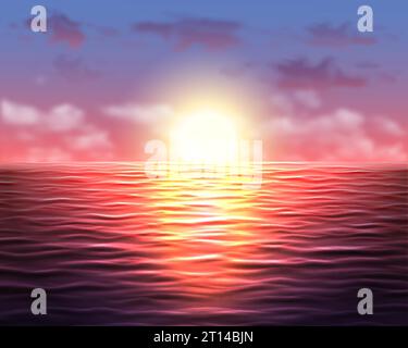 Schöner Sonnenuntergang auf dem Meer mit Wellen und Sonne am Himmel realistischer Vektor-Hintergrund, Naturlandschaftsillustration Stock Vektor