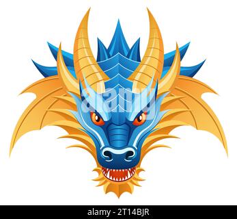 Vektorillustration des Drachenkopfes in blauen und gelben Farben. Isolierter Drache auf weißem Hintergrund, Symbol des Jahres 2024. Stock Vektor