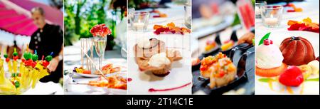 Snacks und Vorspeisen für Büfetts im Freien. Fotocollage, Bannerkonzept für Speisen bei Veranstaltungen und Feiern Stockfoto