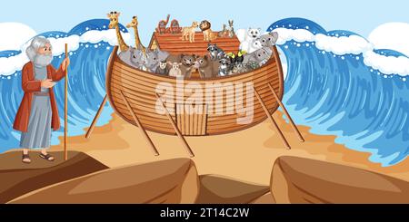 Illustration von Moses, der das Meer und Noahs Arche mit Tieren teilt Stock Vektor