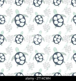 Nahtloses Muster mit Meerestieren. Schildkröte im Ozean zwischen Meerespflanzen auf weißem Hintergrund. Vektorabbildung. Design für Babyteig, Verpackung, Stock Vektor