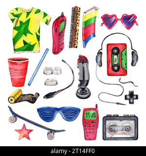 Kollektion farbenfroher Elemente im Stil der 90er Jahre. Isolierte Aquarellillustration auf weißem Hintergrund. T-Shirt, Skateboard, Headset, Mobiltelefon, Brille Stockfoto