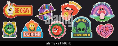 Retro-Aufkleber oder -Etiketten mit Blume, Okay-Hand-Geste, Liebessymbol, positivem Pilz, Alien und Mund. Groovige Hippie-Ikonen, lustige Comic-Charaktere. Tag- oder Abzeichen-Design im trendigen Stil. Stock Vektor