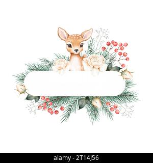 Weihnachtskranz in Aquarellfarben mit niedlichen Hirschen, Rosen, Nadelzweigen und roten Beeren. Perfekt für Karten, Grüße, Verpackung, Geschenk, Dekoration Stockfoto